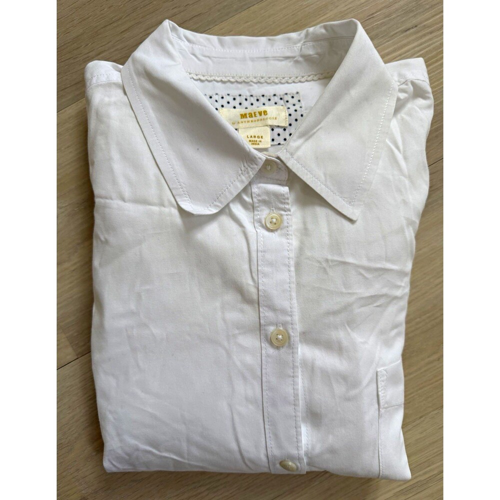 Maeve by Anthropologie Women L White 100% Cotton Woven Collared Button-Up